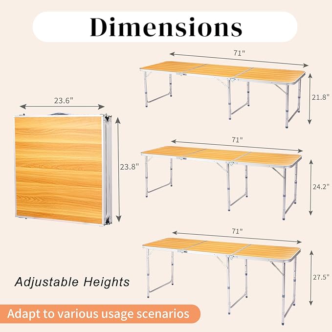 Folding Camping Table4FT Aluminum Folding Picnic Table with 3 Adjustable HeightHeavy Duty 3 Fold Utility TableIndoor Outdoor Portable Lightweight Beach Accessories with Carrying Handle (Wood Grain)
