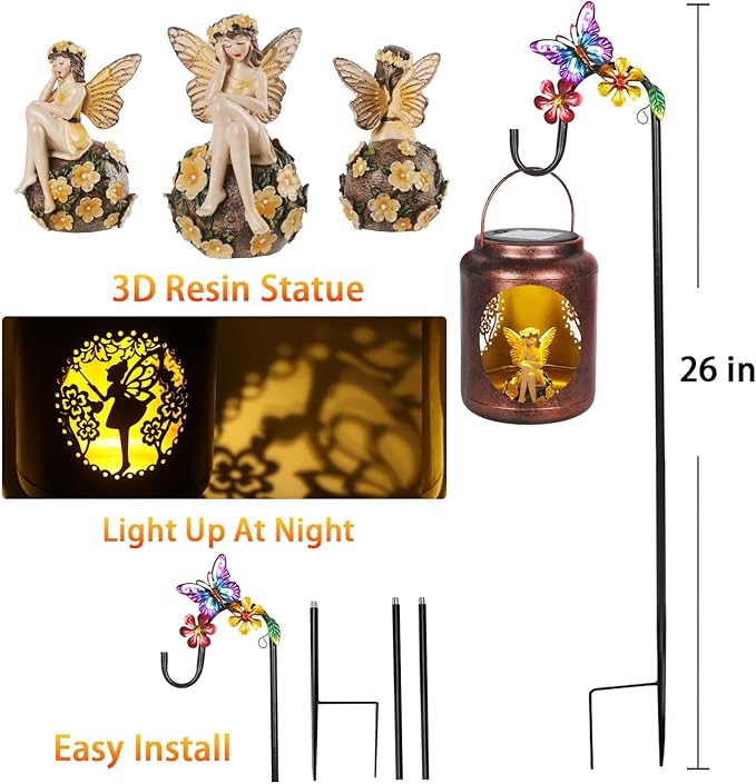 Metal Solar Lantern with Fairy Patterns &amp Resin Fairy Statue Inside Garden Decor Gifts for Women Mom Grandma Hanging Solar Lights Decoration Outside for Yard Patio Porch(Shepherds Hook Included