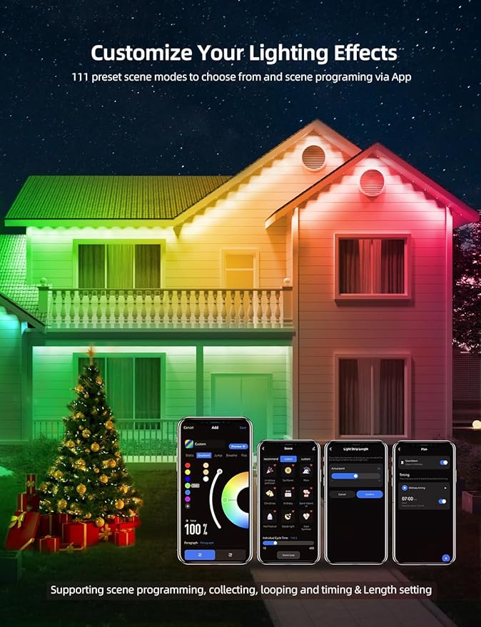 APPECK Permanent Outdoor Lights 50ft with 36 RGBW LEDs 111 Scene Modes Eaves Lights with 40lm Warm White for Daily Holiday House Decor App/Voice/Remote Control White