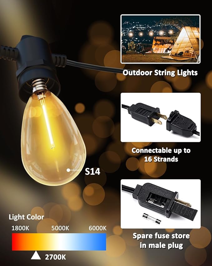 Outdoor String Lights 100FT Patio With 54 S14 Vintage Waterproof &amp Shatterproof LED Bulbs 2700K Hanging for Outside Backyard Cafe Garden Bistro (2Pack 50FT)