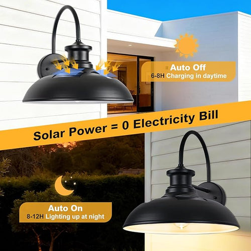 16 Extra Large Solar Barn Light for Outside Dusk to Dawn Gooseneck Farmhouse Barn Lights Waterproof Black Outdoor Wall Light Solar Powered for House Garage Patio 2-Pack