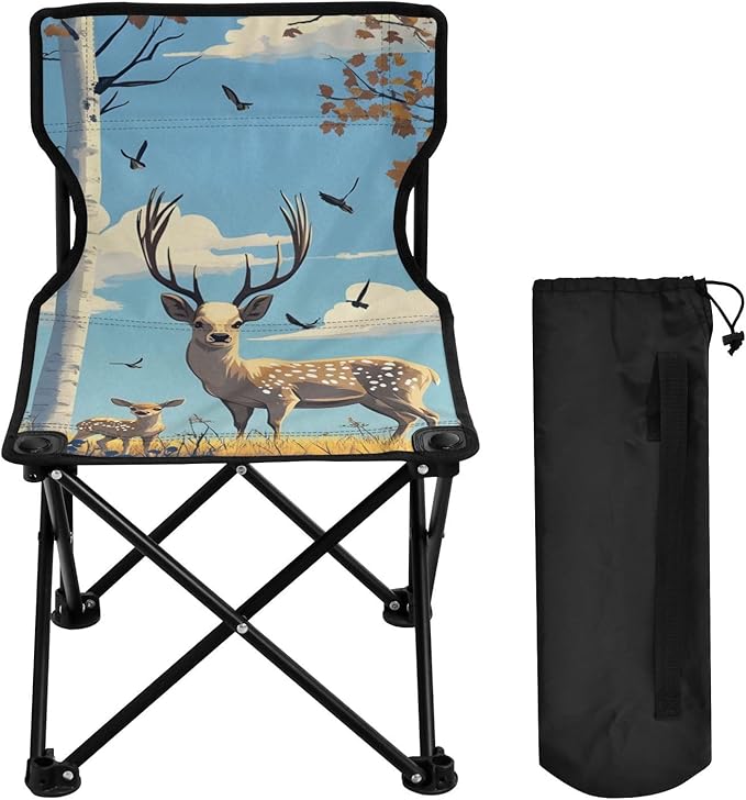 Deer in Woods Portable Camping Chairs Folding Chair - Durable Oxford Fabric Lightweight Iron Frame Easy Fold Design - Ideal for Outdoor Activities Camping Fishing and Travel