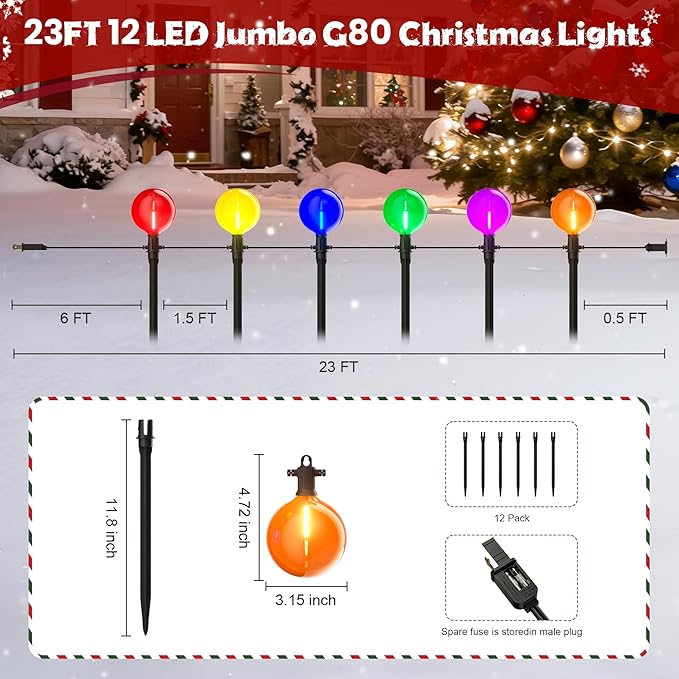 Outdoor Jumbo G40 Christmas Pathway Lights 23FT Connectable Walkway Lights with 12 G80 Multicolor LED Bulbs for Driveway Yard Lawn Garden