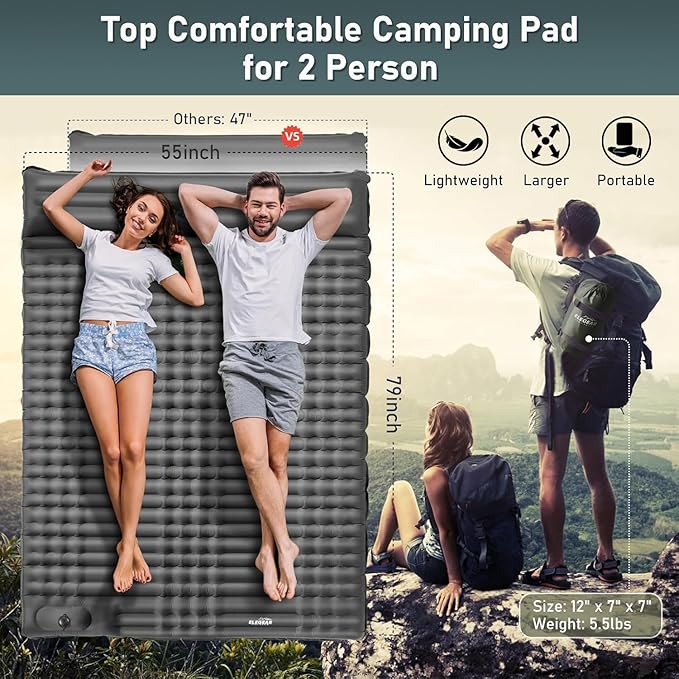 Elegear CumbreX™ Double Sleeping Pad for Camping 4.7 Ultra-Thick Inflatable Camping Sleeping Pad 2 Person with Built-in Foot Pump Portable Camping Sleeping Mat for Backpacking Hiking TentGray Full