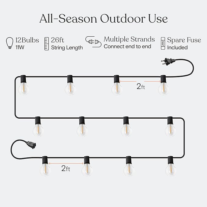 Brightech Ambience Pro LED String Lights - 26 Ft Patio Lights Outdoor Waterproof - Globe Porch String Lights for Outside Christmas Backyard - 12 Bulbs 1W Vintage Edison Warm White Black