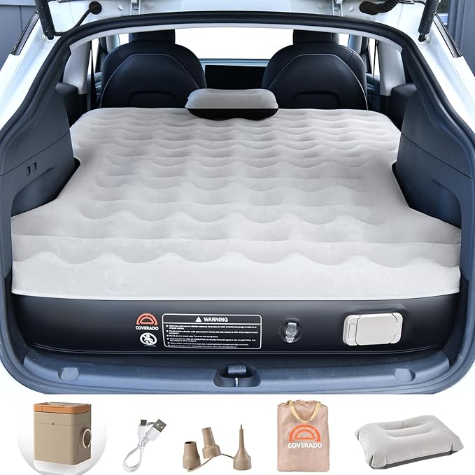 Coverado Tesla Model Y Air Mattress One Click Self Inflating Tesla Y Sleeping Pad Wireless Pump &amp Light Function 4.5 Thick Comfort Flocking Model Y Air Bed Tesla Model Y Mattress Fit 2020-202