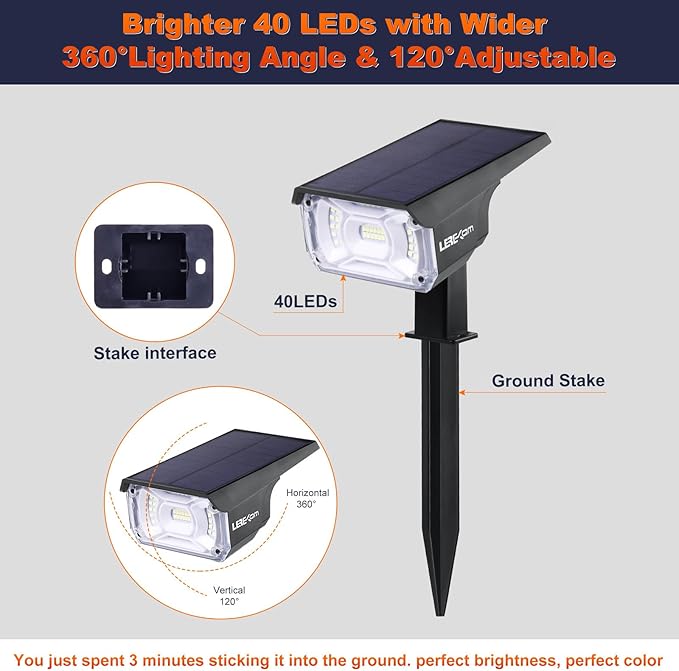 Solar Spot Lights IP65 Waterproof 40 LEDs Landscape SpotlightsUSB &amp Solar Powered Wall Lights Dark Sensing Auto On/Off3 Modes Outdoor Solar Garden Lights for Yard Porch 2 Pack