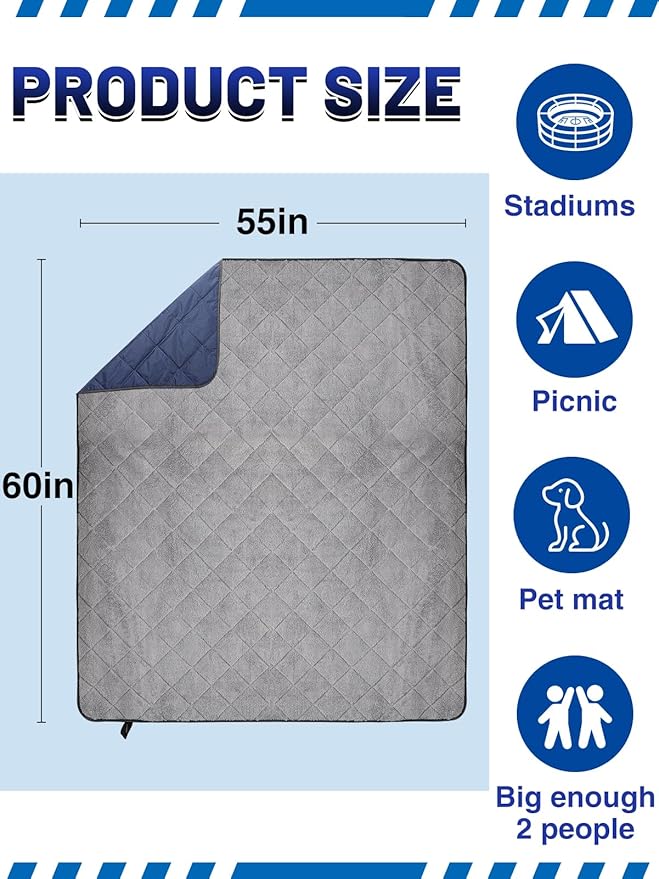 Aulock 55''W x 60''L Warm Outdoor Stadium Blanket Waterproof - Portable &amp Windproof Navy Blanket with Sherpa Fleece Lining for Camping Winter Cold Weather