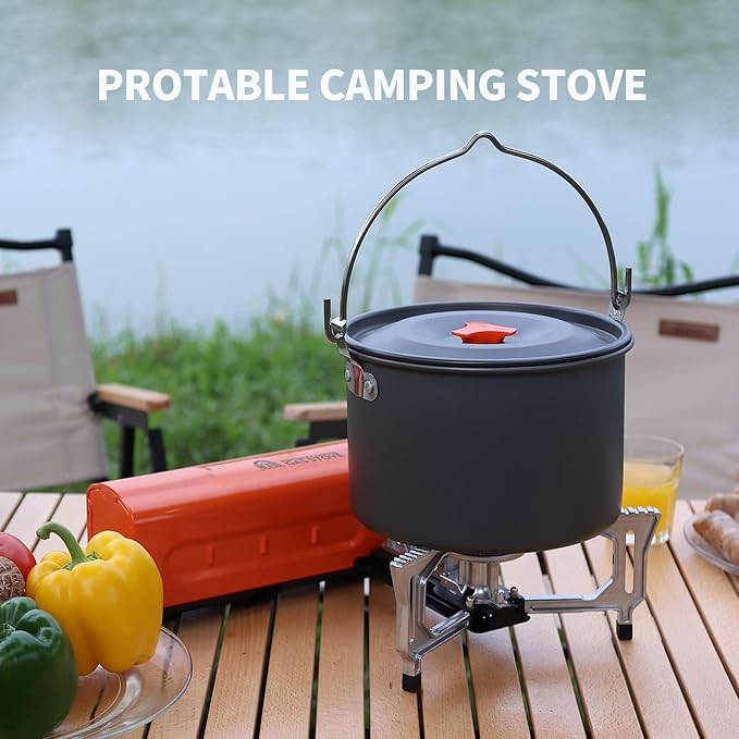 INFOOD Portable Butane Gas Camping Stove - 7500 BTU Compact Folding Design with Carry Bag for Backpacking RV Trips Picnic &amp Outdoor Indoor Cooking Orange