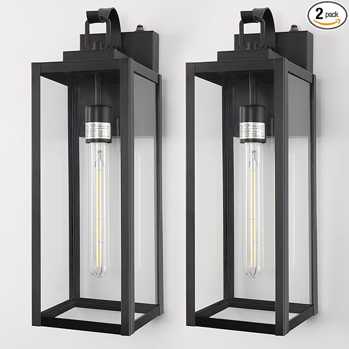 DORESshop 18 Inch Large Size Dusk to Dawn Outdoor Wall Lights Matte Black Waterproof Anti-Rust Outdoor Light Fixtures Wall Mount with Clear Glass Shade for Porch Garage Doorway 2 Pack