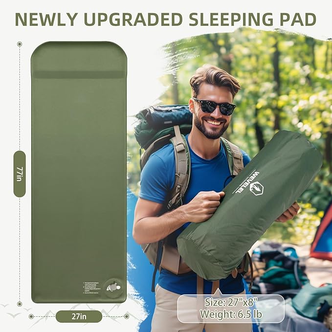 Memory Sleeping Pad 3.1 Ultra-Thick Foam Sleeping Mats for Camping Easy Inflate&ampDeflate9.5 R-Value Insulated Camping Mattress Pad with Pillow for Car Travel Tent