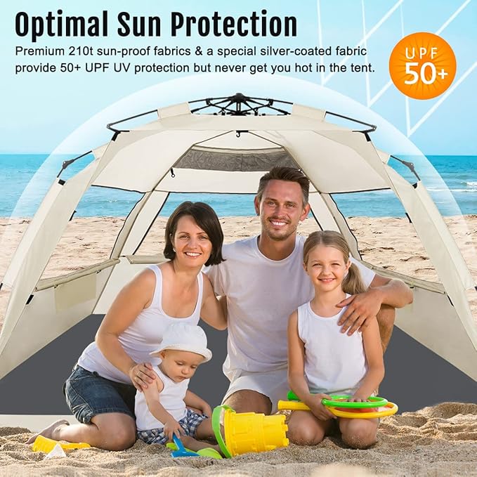 WhiteFang Deluxe Pop Up Beach Tent Sun Shade Shelter for 3-4/5-6 Person UV Protection Extendable Floor with 3 Ventilating Windows Plus Carrying Bag Stakes and Guy Lines