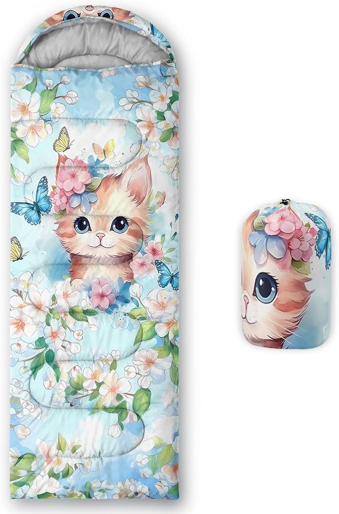 Kids Sleeping Bag for Boys GirlsCartoon Blue Unicorn Print-Lightweight Warm Portable Outdoor Indoor-Waterproof Cold Weather Resistant Sleeping Bag for Camping Hiking