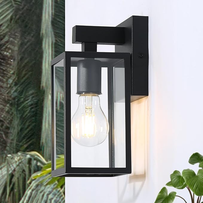 LALUZ Black Outdoor Wall Lights Modern Farmhouse Rectangle Porch Lights Outdoor Wall with Clear Glass Waterproof Anti-Rust Exterior Outside Sconce Lighting Light Fixtures for House Patio Garage