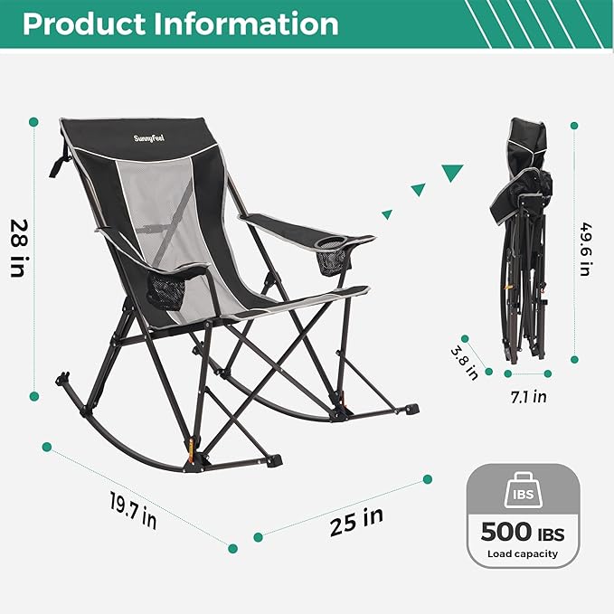 SUNNYFEEL Oversized Folding Rocking Camping Chair with Buckle Design Outdoor Rocker High Back Lawn Camp Rocker Chair with Cup Holder Heavy Duty 500 LBS for Outdoor/Camping/Lounge/Patio with Carry Bag