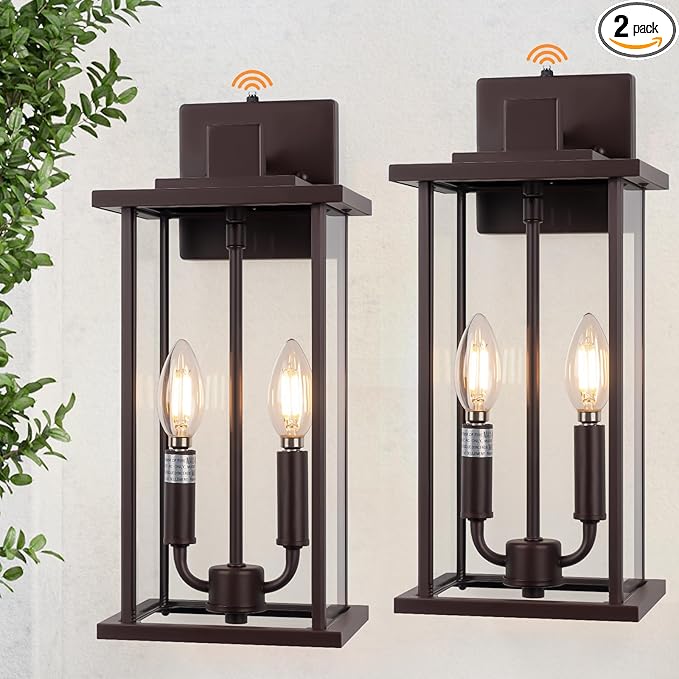 2-Pack 16 Large Dusk to Dawn Outdoor Wall Light Fixtures 2-Light Exterior Front Porch Light Brushed Bronze Outdoor Sconce Lights Waterproof Farmhouse Lamp Lighting