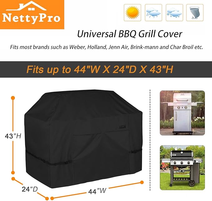NettyPro Grill Cover for Outdoor Grill 44 inch Waterproof Heavy Duty Gas BBQ Cover for Outside Weber Char-Broil Brinkmann Jenn Air Nexgrill 2 Burner Barbecue Black