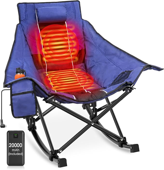 Suteck Heated Rocking Camping Chair Oversized Heated Camping Chair W/20000mAh Power Bank &amp Carry Bag Fully Padded Heated Chairs for Outdoor Sports W/3 Heat Levels for Back &amp Seat Lawn Picni
