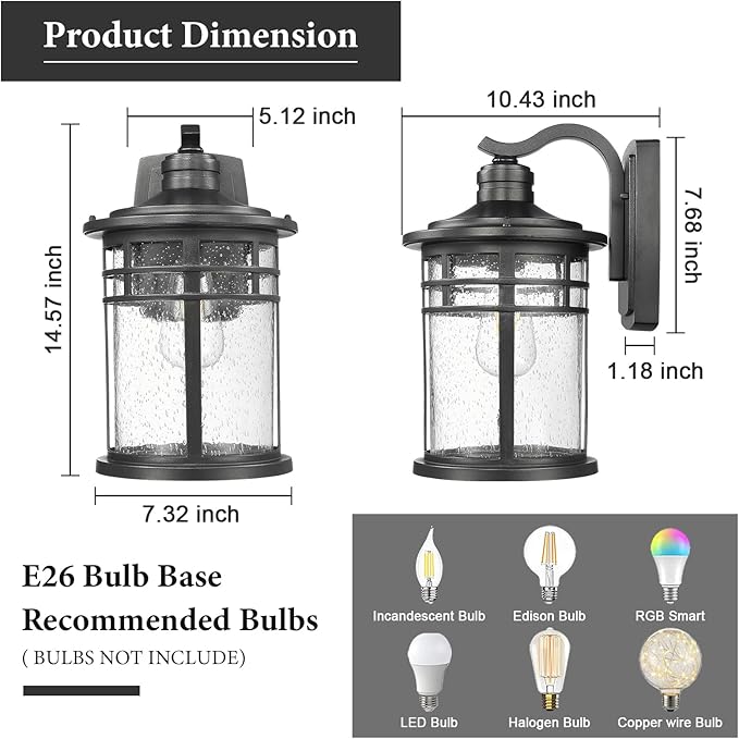 Darkaway Large Outdoor Porch Lights Wall Mount 15inch Outdoor Light Fixtures Sconces Wall Lighting with Seeded Glass Exterior Lights for Patio Yard House Hallway Doorway Garage(Large Black)
