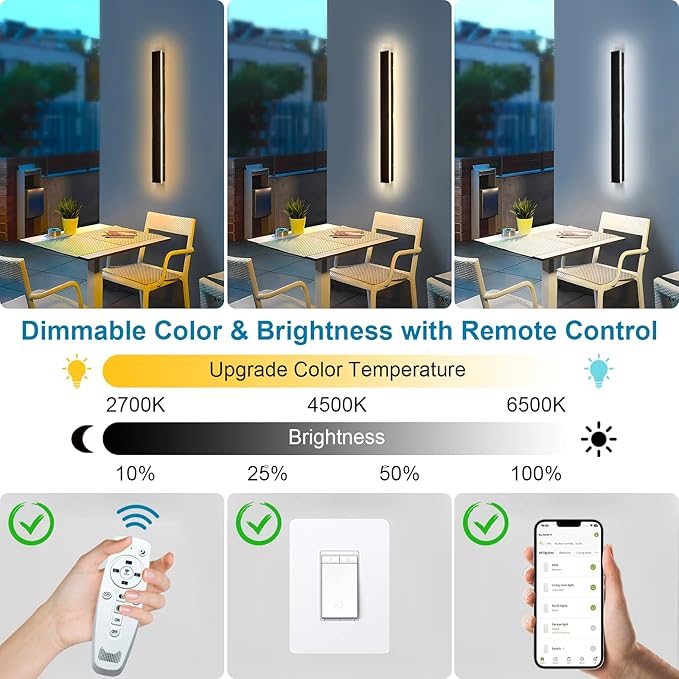 2 Pack 24 Modern Outdoor Wall Lights 2700k-6500k Dimmable Long Wall Mounted Light LED Black Porch Light Linear Outdoor Wall Sconce IP65 Waterproof Slender Exterior Lights for House Garage