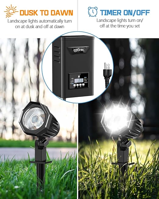 HIBOITEC 200W Low Voltage Landscape Transformer Outdoor Lighting Transformer with Photocell Sensor and Timer 120V AC to 12V/15V AC Weatherproof Transformers for Landscape Lighting Path Lights