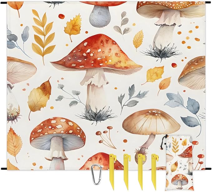 Waterproof Sandproof Beach Blanket 59''×68'' Mushroom Polyester Outdoor Picnic Blanket with 4 Stakes &amp Storage Bag for BeachCampingVacation Orange-Yellow
