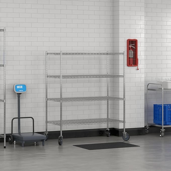 Commercial NSF Listed Chrome Mobile Wire Shelving Kit 24 x 48 x 60 with 4 Shelves Perfect for Warehouse Walk-in Refrigerator Freezer Grocery Store Restaurant Dishroom