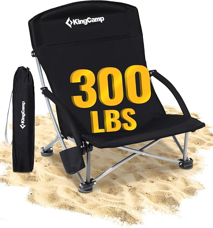 KingCamp Low Beach Chair High Back Folding Camping Chair for Adults Oversized Breathable Mesh Seat 300lbs Heavy Duty Portable Chair with Cup Holder &amp Storage Pockets for Beach Outdoor