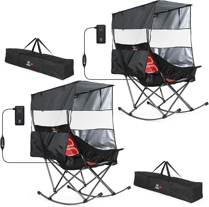 Nice C Heated Rocking Camping Chair with Canopy XL Oversized Folding Rocker with Battery Outdoor Umbrella Chairs with Shade with Cup Holder Cooler Bag for Sports Patio Backyard (2 Pack)