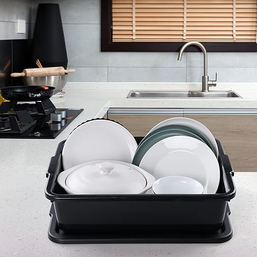 3-Pack Plastic Bus Box with Lid Commercial Bus Tubs 13 L Black