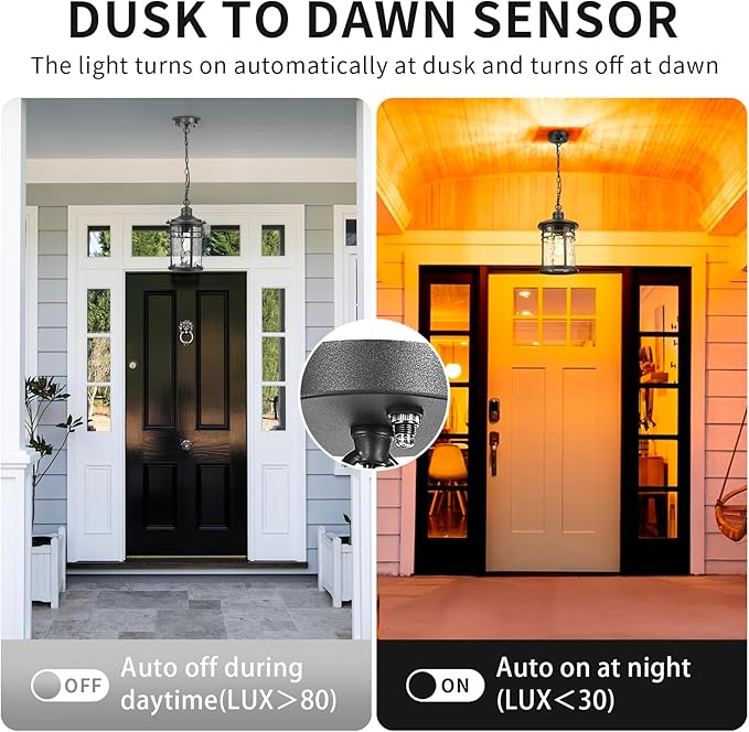 Darkaway Dusk to Dawn Outdoor Pendant Light 14inch Hanging Porch Light Outdoor Chandelier Ceiling Mount Waterproof Pendant Lights with Water Ripple Glass for Patio Entrance Foyer Entryway