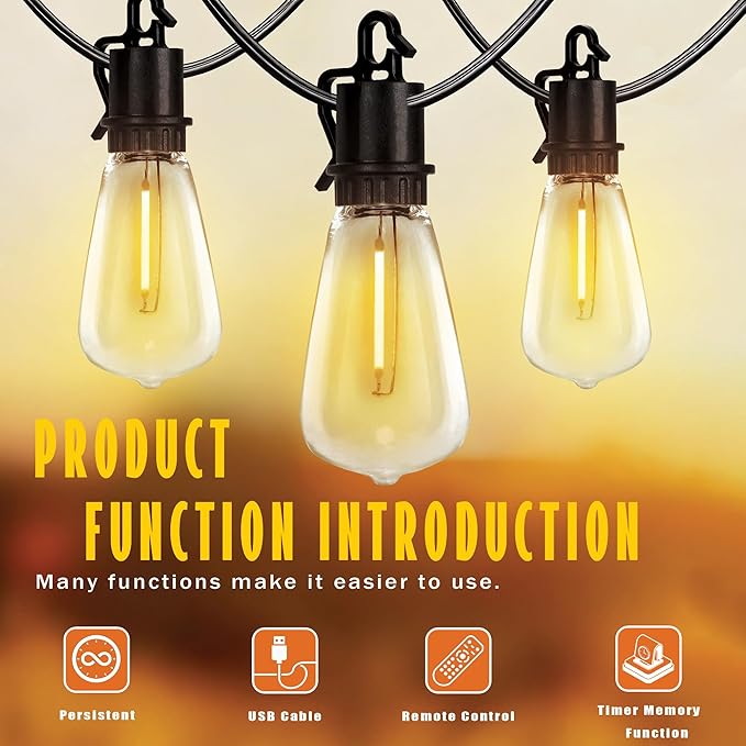 Outdoor Solar Waterproof Light String 50FT Wire and 25+1 LED shatterproof Bulbs dimmable Light Cannon with Remote Control Suitable for Courtyard Terrace Balcony Party Decoration Lighting