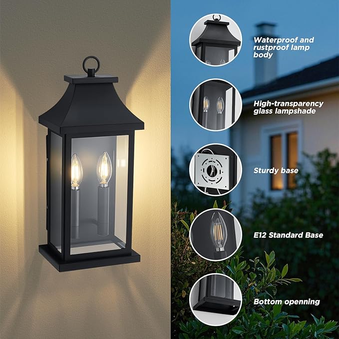 Large Outdoor Wall Lights Outside Lights Exterior Lighting Fixtures Wall Mount Wall Sconce Light Outdoor Lanterns for Porch Black 18 2-Light 1-Pack