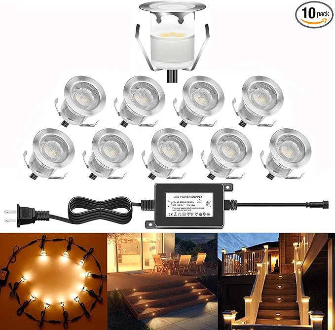 Low Voltage LED Recessed Deck Lighting KitStainless Steel Waterproof Recessed Wood Decking Stairs Garden Yard Patio Decor Lamp Outdoor Warm White LED Lighting Pack of 10