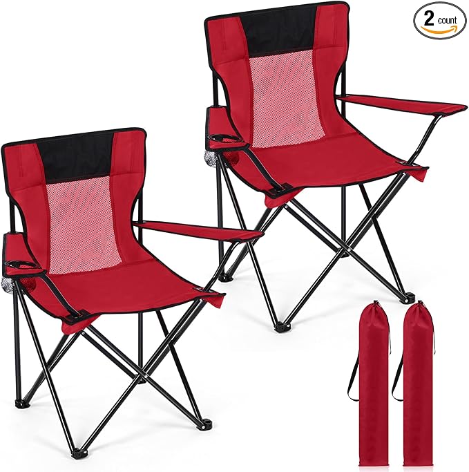 Shellwei 2 PCS Folding Camping Chair with Cupholder and Carry Bag Regular Size Colorful Breathable Portable Lightweight Lawn Chair with Side Pocket for Fishing Hiking Beach Outdoor Activity