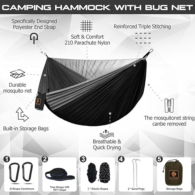 Camping Hammock Portable Hammocks with Mosquito NetLightweight Nylon Parachute Hammock with 10ft Tree StrapsCamping Gear Must Haves for Travel Hiking Backpacking Beach Patio-Black&ampGrey