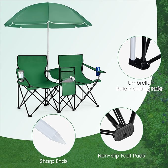 COSTWAY Double Portable Picnic Chairs Folding Camping Chairs w/Detachable Umbrella Cooler Bag Cup Holders Patio Beach Camping Chairs for Outdoors Green