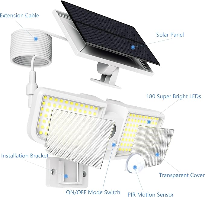 Solar Motion Sensor Outdoor Floodlights 6500K with Remote Control 180 LED WaterproofSolar Security Outdoor Light with IP65 for Wall Porch Barn Patio Garage White 4-PCS