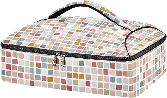 Casserole Carrier Small Squares Pattern Insulated Casserole Carrier for Hot or Cold Food Thermal Lunch Tote for Parties Picnic Travel Carry Bag