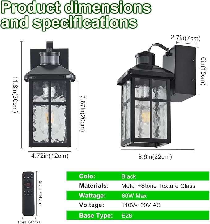 Porch Light with Outlet and Remote Control - Plug in Outdoor Wall Lights with GFCI Exterior Lighting Fixtures Adjustable 3 Sensitivity Levels and 1-10min Delay for Porch Patio Entryway(Black)
