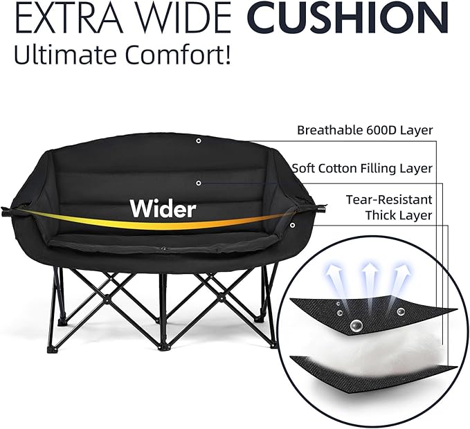 Double Camping Chair Padded Loveseat Chair for 2 Person - Heavy Duty Oversized Camping Couch for Adults Outdoor Sports Lawn Beach Portable Folding XL Chairs with Cup Holders and Carry Bag All Black