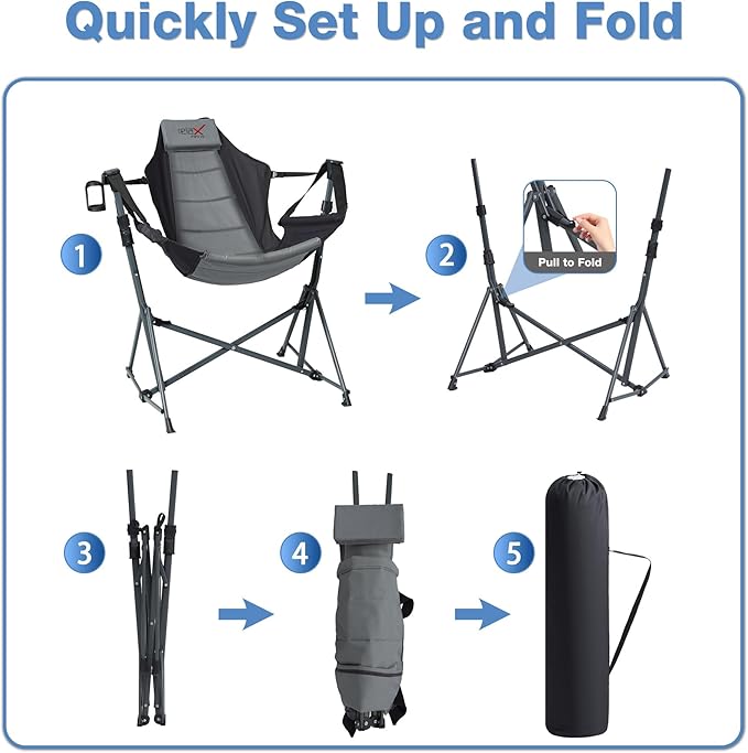 Hammock Camping Chair 3 Heights Swinging Chair with Adjustable Backrest Folding Rocking Chair with Head Pillow&ampCup Holder Outdoor Chairs for Camping and Hiking Supports 350lbs Black