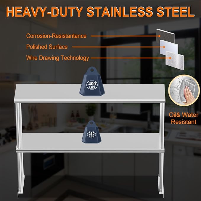 GarveeHome Stainless Steel Double Overshelves 47.24x11.81x33.46 in Adjustable Commercial 2-Tier Shelf Heavy Duty Racks for Kitchen Prep Table Worktable Restaurant