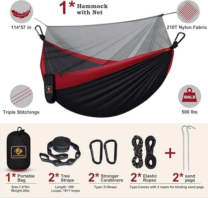 Camping Hammock with NetPortable Lightweight Double Hammocks with Tree Straps and Solid D-Shape CarabinersParachute Nylon Hammock for Backpacking Beach Backyard Patio Hiking Black&ampRed