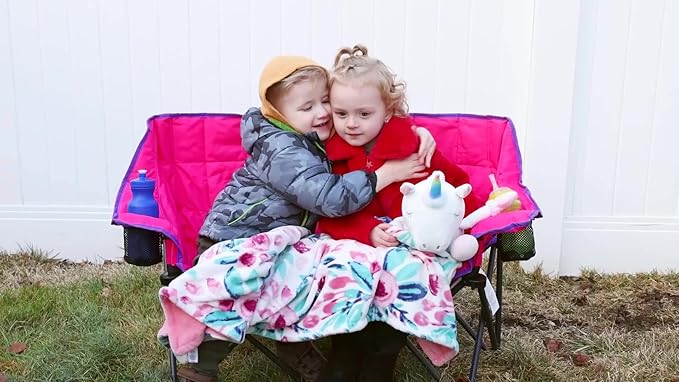 SUNNYFEEL Kids Folding Double Camping Chair Portable Kids Camping Chairs 2 Seat Chair Pink Padded Foldable Lawn Chairs with Cup Holder for Beach/Outdoor/Travel/Picnic Foldable Camp Chairs 2 Person