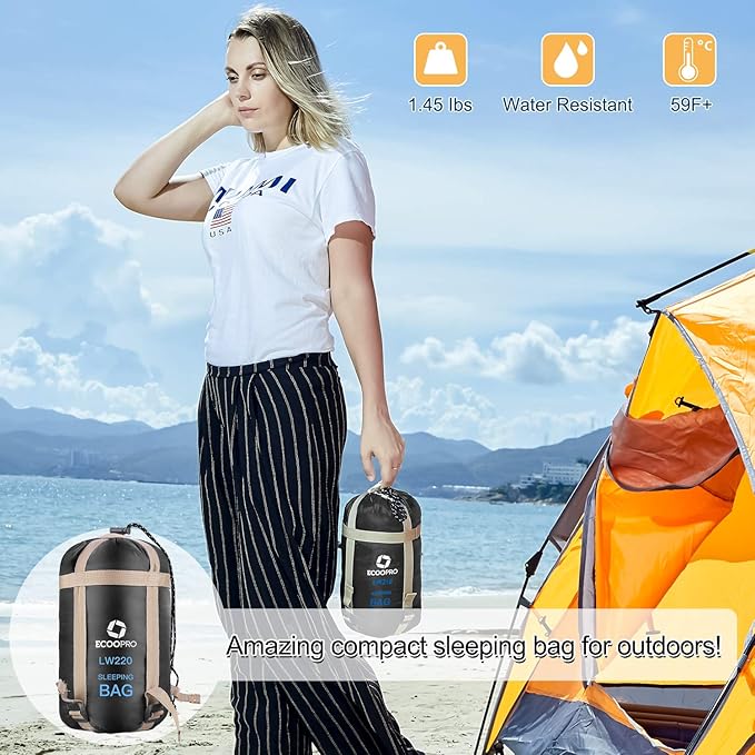 ECOOPRO Warm Weather Sleeping Bag - Portable Waterproof Compact Lightweight Comfort with Compression Sack - Great for Outdoor Camping Backpacking &amp Hiking-83 L x 30 W Fits Adults