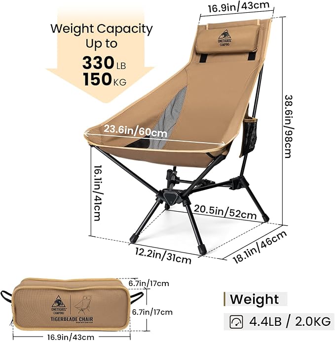 ONETIGRIS Tigerblade High Back Camping Chair with Pillow Design Comfortable Widened Seat Folding Chair