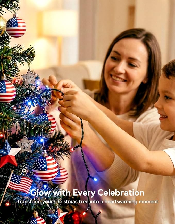 LitHome 99FT 300 LED Red White and Blue Lights Outdoor Waterproof 8 Modes Patriotic Lights Plug in Green Wire 4th of July Decoration String Light with Timer for Independence Day Tree Holiday Party