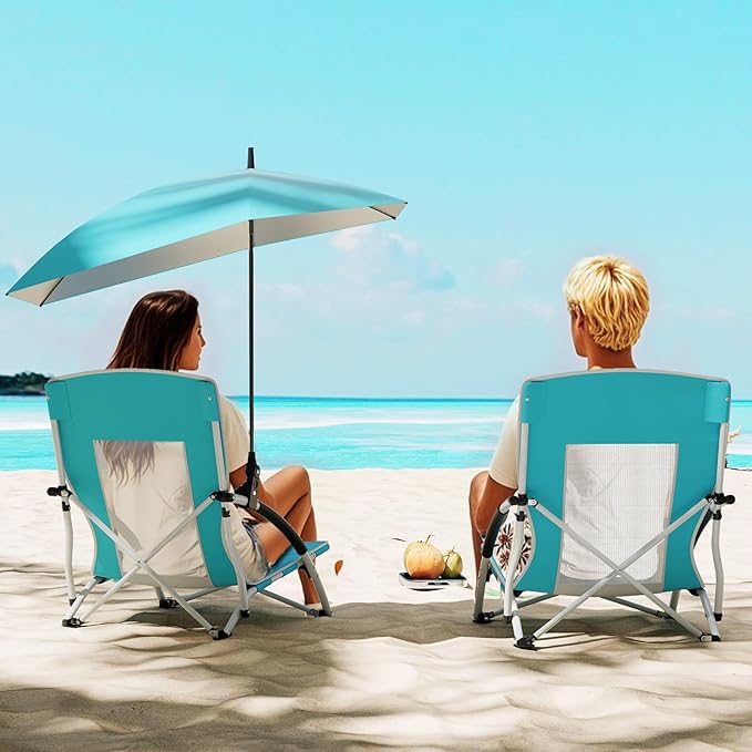 Giantex Low Folding Beach Chair with Detachable &amp Adjustable Umbrella Carrying Bag Padded Armrests Mesh High Back Load 330 LBS Anti-Slip Foot Pads Camping Chair for Picnic Lawn Blue