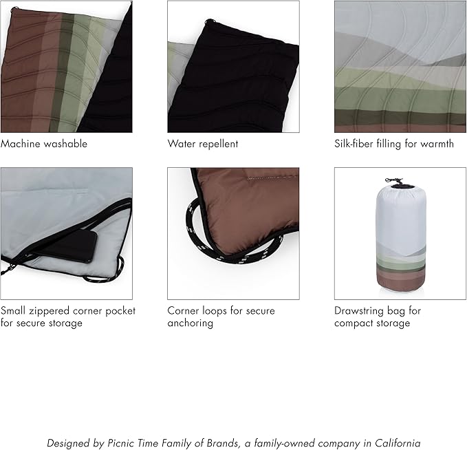 Picnic TIME Aura Outdoor Puffer Blanket Water-Repellent Puffy Printed Picnic Blanket for Camping and Park Large Cozy Outdoor Mat with Drawstring Bag Corner Loops and Pocket (Afternoon Fields)